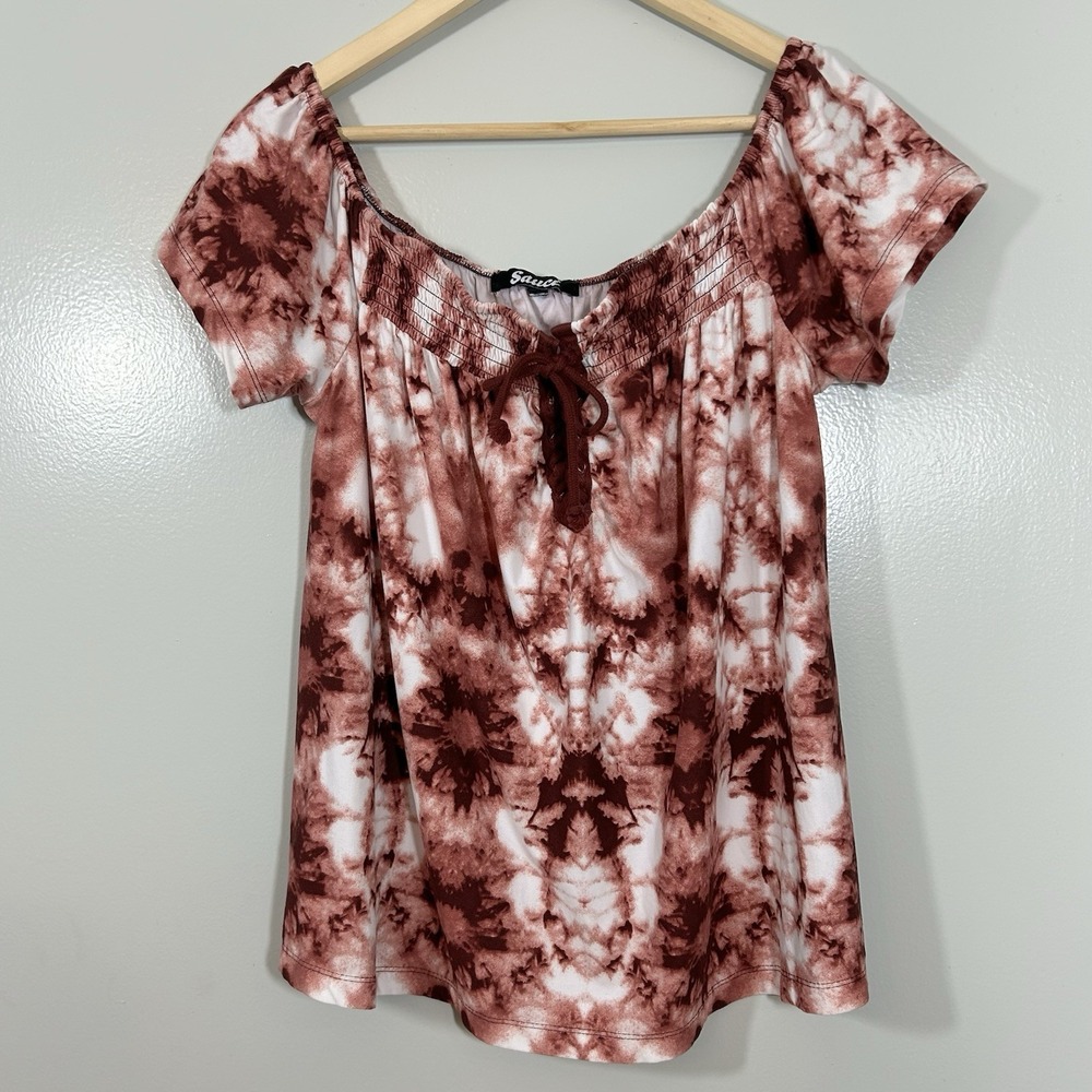 Sauci Off Shoulder Top Burgundy White Tie Dye Lace Up Women's Size Medium Boho